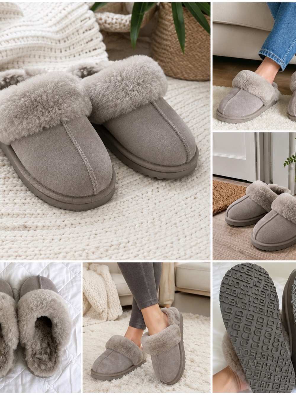 Cozy Grey Shearling Cuff Women's Slip-On Slippers